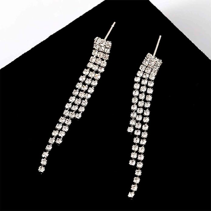 Boho Rhinestone Tassel Earrings Long Fringe Drop Dangle