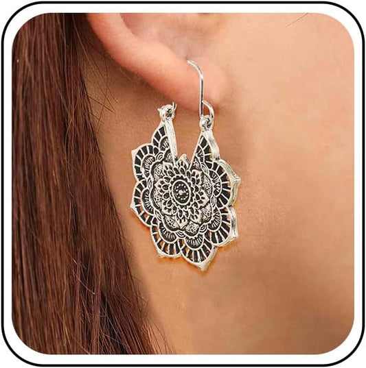 Boho Mandala Flower Earrings Gold Drop