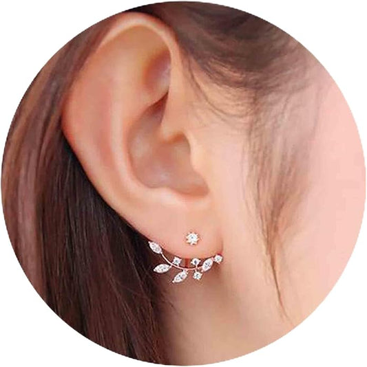 Boho Crystal Leaf Ear Jackets Earrings Gold Cz