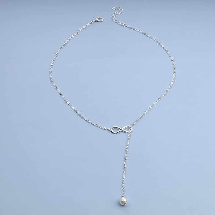 Boho Pearl Infinity Necklace Silver Y