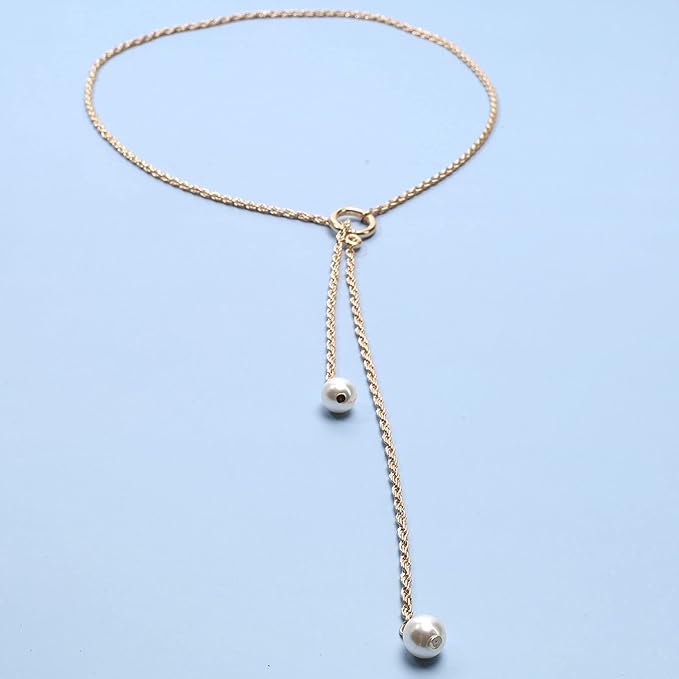 Boho Pearl Lariat Necklace Gold Chunky Chain Y