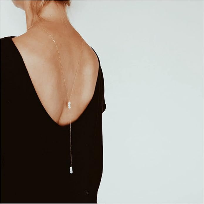 Boho Pearl Back Chain Necklace Gold Backdrop Necklace