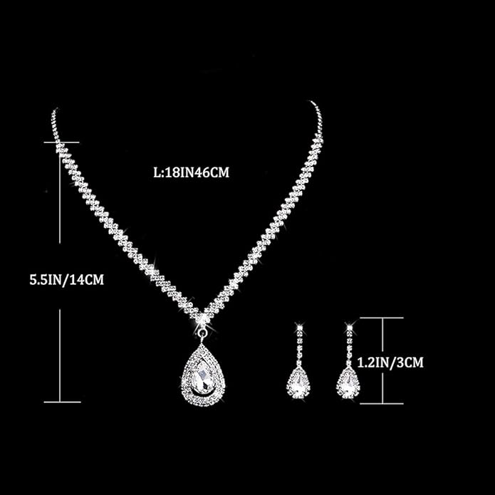 Bride Silver Necklace Earrings Set Rhinestone