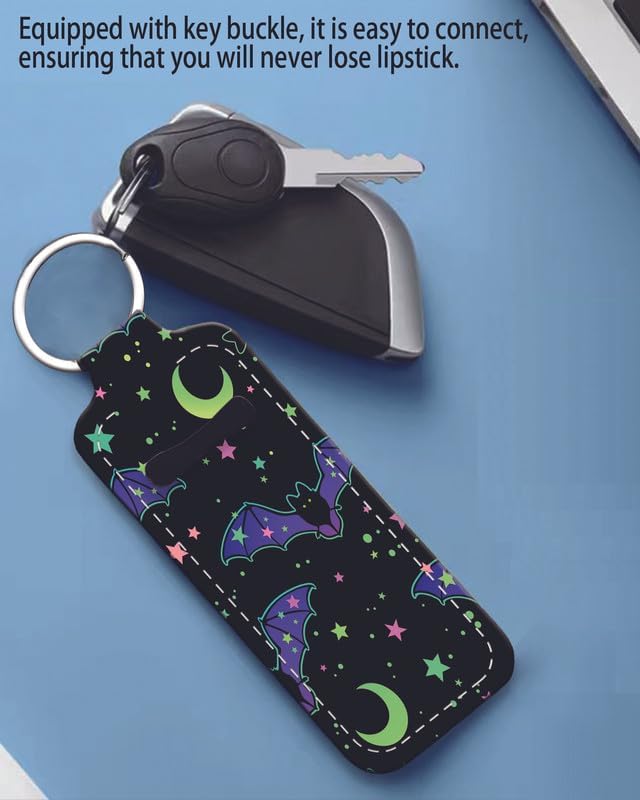 Chapstick Holder Keychain Holder Neoprene Lip Balm Lipstick Lip Gloss Holder Travel Accessory for Girls Women Gift(Purple Bats Moon)