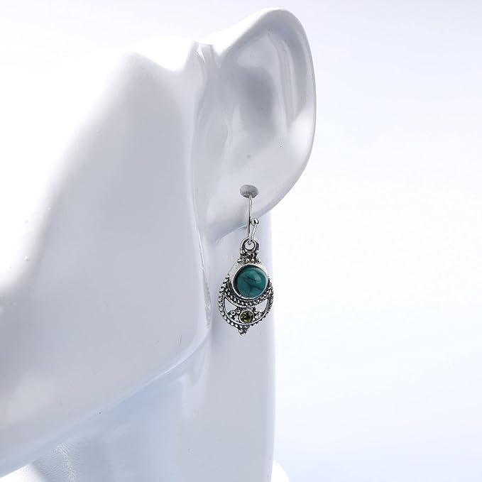 Boho Ethnic Turquoise Drop Earrings Silver