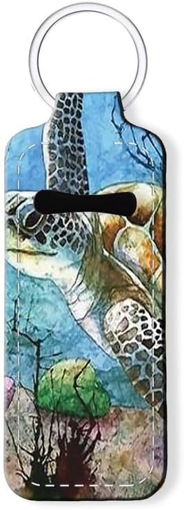Chapstick Holder Keychain Holder Neoprene Lip Balm Lipstick Lip Gloss Holder Travel Accessory for Girls Women Gift(Sea Turtle Lonely Swim Oil Painting in Ocean)