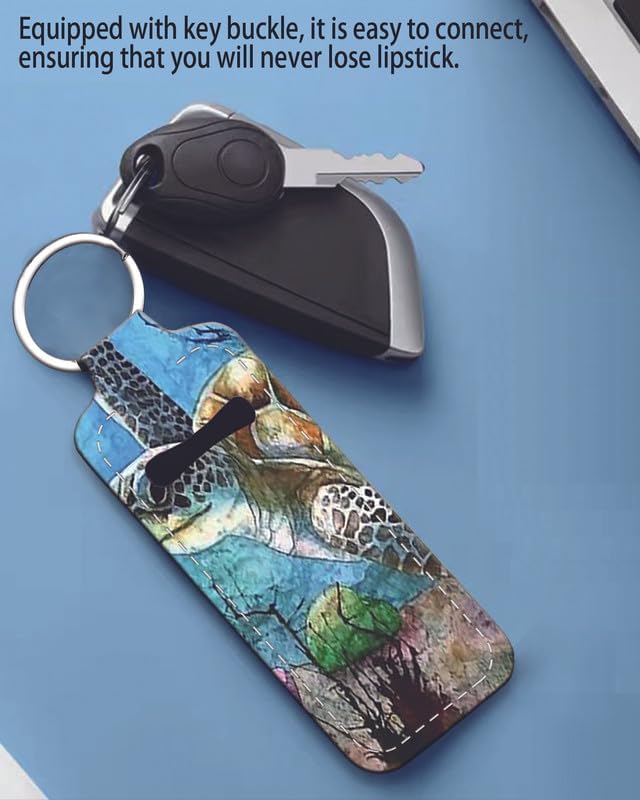 Chapstick Holder Keychain Holder Neoprene Lip Balm Lipstick Lip Gloss Holder Travel Accessory for Girls Women Gift(Sea Turtle Lonely Swim Oil Painting in Ocean)