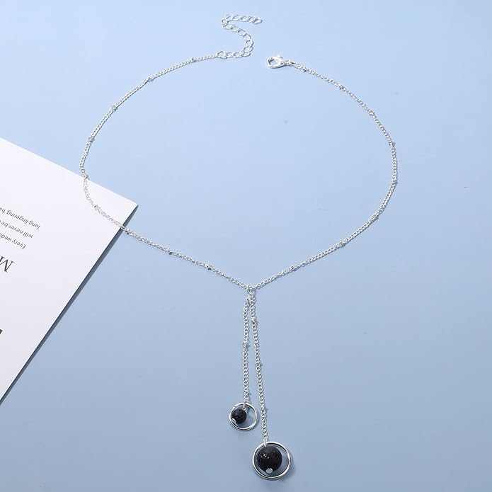 Boho Lava Stone Necklace Chain Silver