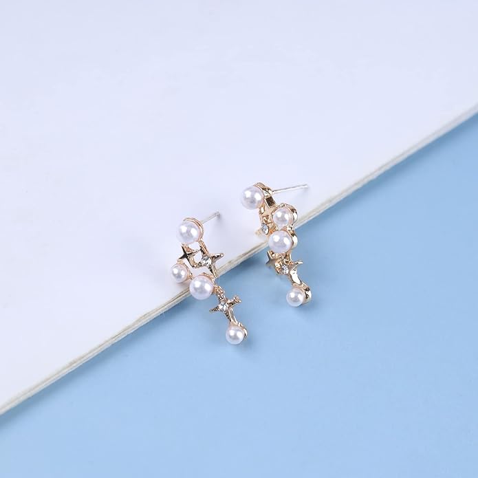 Vintage Pearl Star Earrings Rhinestone Pearl Drop Earrings