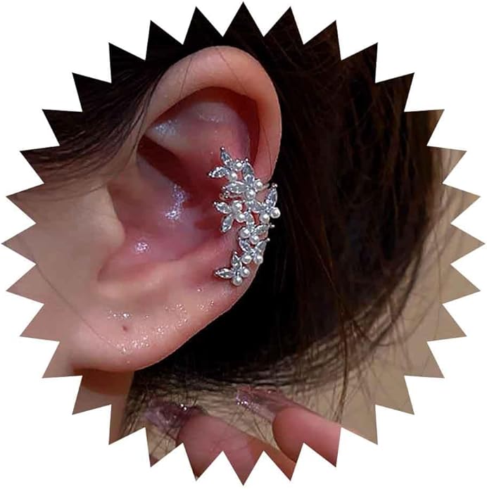 Vintage Crystal Pearl Ear Cuff Earrings Rhinestone Butterfly