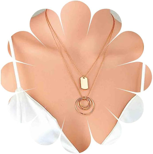 Vintage Layered Square Pendant Necklace Multi Circle Necklace