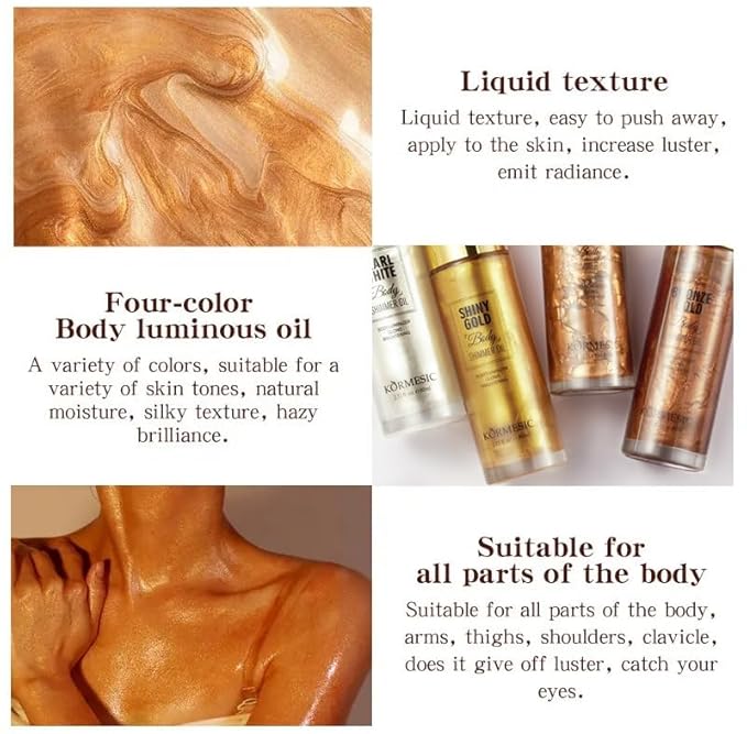Shimmer Body Oil,Long Lasting Waterproof Face Brighten Glow Shiny Gold)