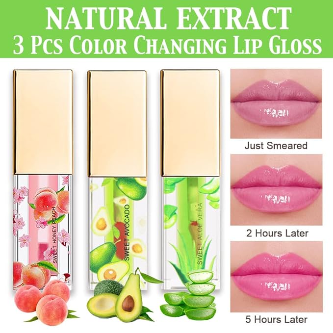 BINGBRUSH 3 Pcs Color Changing Lip Gloss Tinted, Peach Avocado Aloe Vera Magic Mood Lipstick,PH Color Change Lip Stain Lip Balm, Longlasting Lips Will Not Dry Out