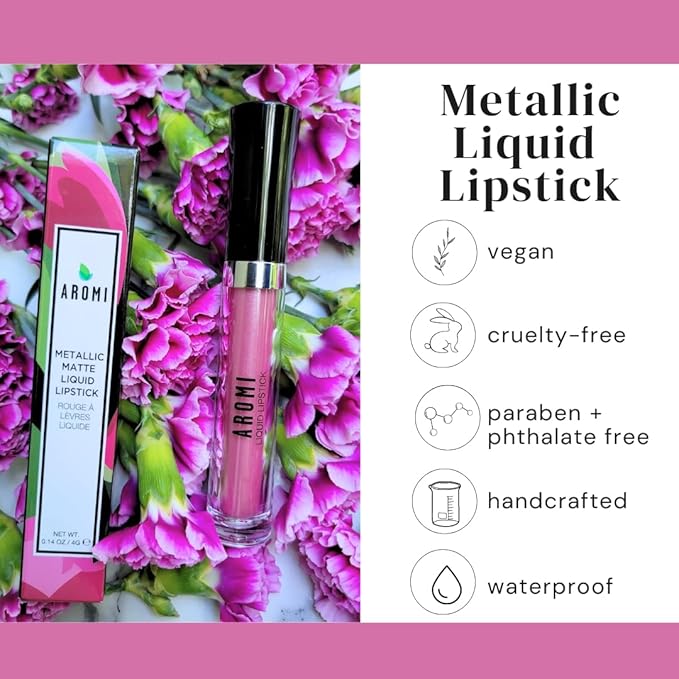 Aromi Metallic Liquid Lipstick | Light Pink Lip Color with Shimmery Finish, Vegan & Cruelty-free, Long-Lasting Lipstick, Waterproof (Cotton Candy)
