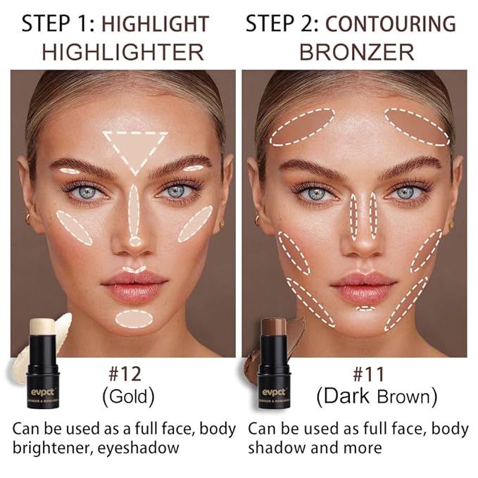 Kaely 2Pcs Cream Contour Highlighter Stick Kit,Bronzer Cheek Stick Waterproof,11+12
