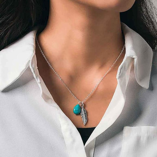 Boho Turquoise Necklaces Silver Feather Pendant