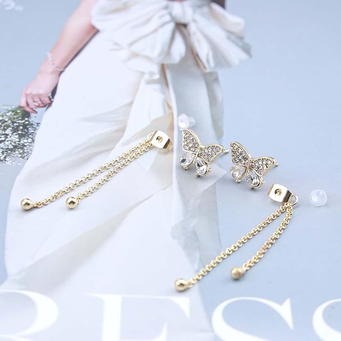 Vintage Crystal Butterfly Stud Earrings Gold Long Chain