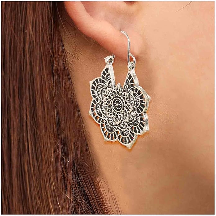 Boho Mandala Flower Earrings Gold Drop