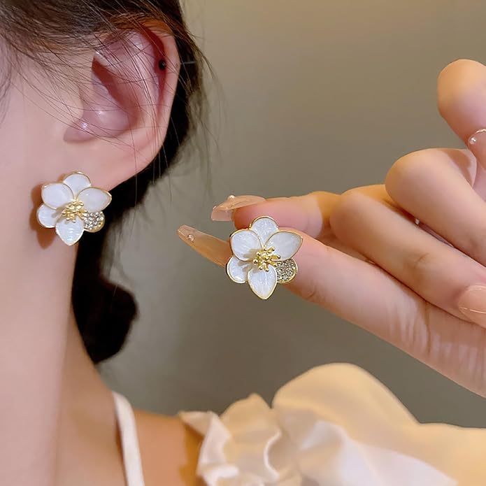 Vintage Enamel Flower Stud Earrings Camellia
