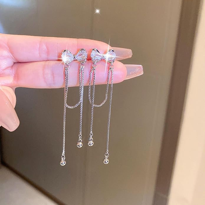 Vintage Crystal Bow Earrings Rhinestone Chain