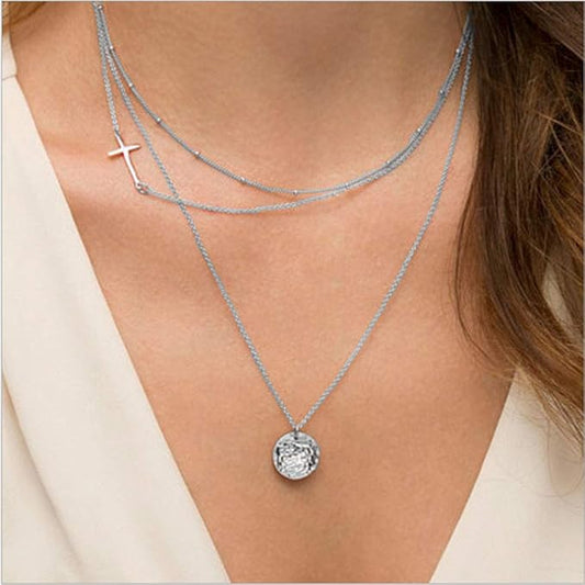 Boho Layering Disc Pendant Necklace Silver