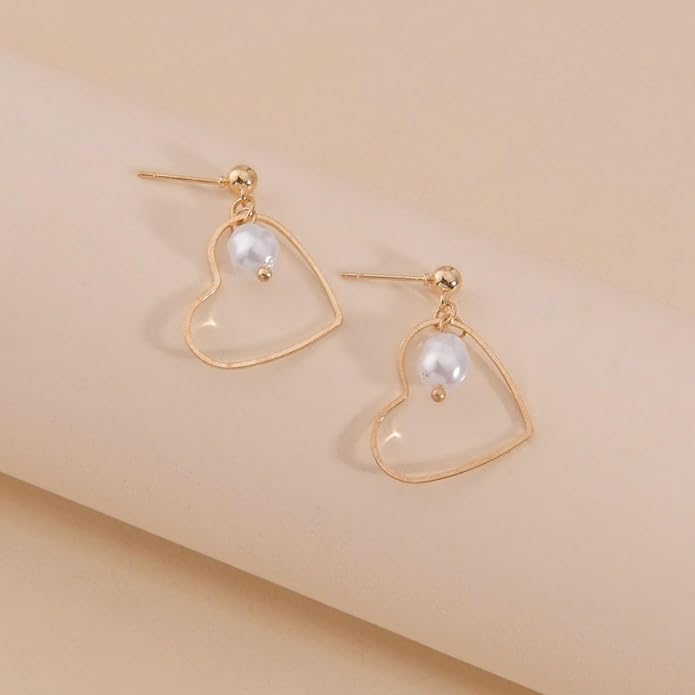 Boho Tiny Pearl Heart Drop Earrings