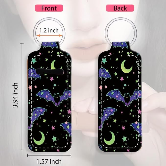Chapstick Holder Keychain Holder Neoprene Lip Balm Lipstick Lip Gloss Holder Travel Accessory for Girls Women Gift(Purple Bats Moon)