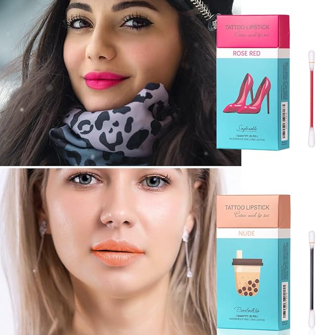 20Pcs Tattoo Lipstick Cotton Swab, Waterproof Non-Stick Tattoo Lipstick Cotton Swab Lip Tint, Long Lasting Lip Gloss Cotton Swab Matte (Nude)