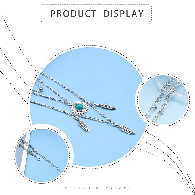 Boho Layered Feather Choker Necklace Turquoise