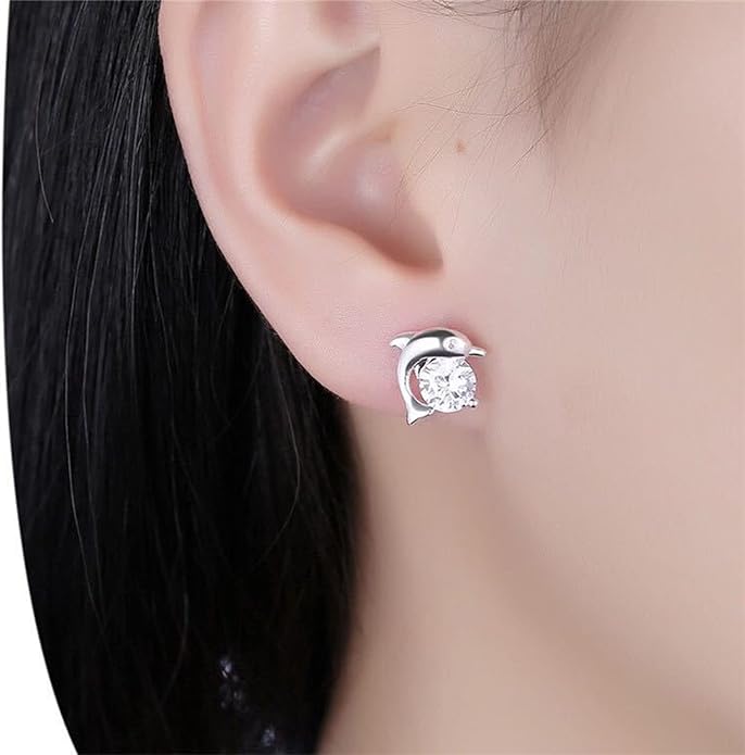 Silver Dolphin CZ Earrings Cute Animal