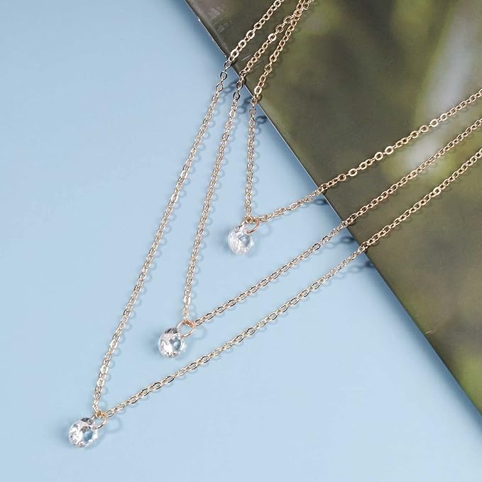 Boho Layered Crystal Necklace Choker Gold Bezel Pendant