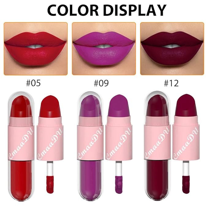 AMY'S DIARY 2in1 Matte Colors Lipstick & Liquid Lipstick 3Pcs Set, Full Color Lip Gloss, Matte for halloween Long Wear Waterproof Velvet Lipstick (Bright+Dark red +Purple)