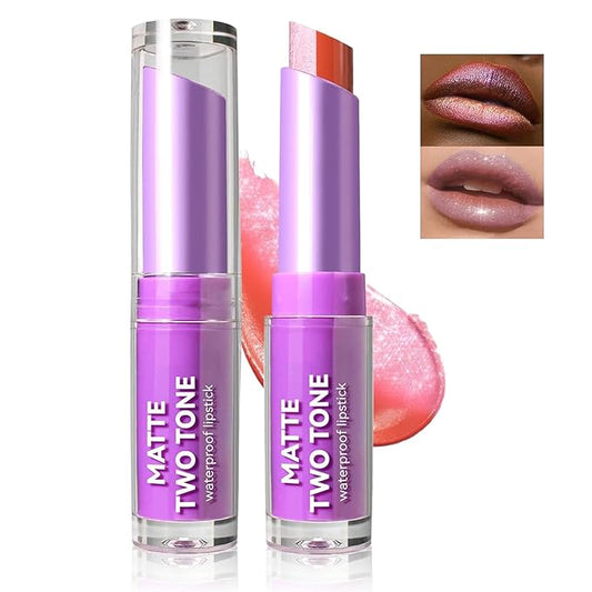 Glitter Matte Lipstick, 2 In 1 Two Tone Waterproof Lip Gloss, Sparkling High Pigment Longlasting Smudgeproof Non-Stick Cup Lipstick, Shimmer Lip Blam for Women Girl Christmas Makeup (#01)