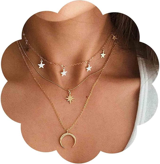 Boho layered moon star choker necklace