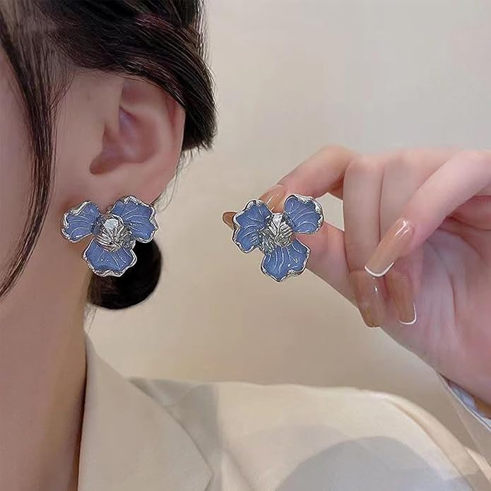Unique Blue Flower Earrings Studs Vintage