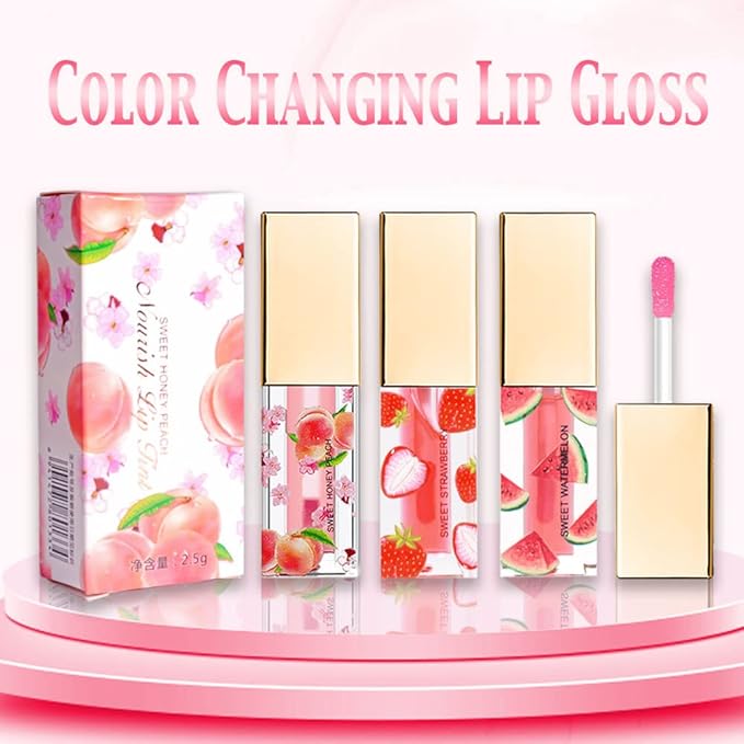 BINGBRUSH 3 Pcs Color Changing Lip Gloss Tinted, Peaches Strawberry Watermelon Magic Mood Lipstick,PH Color Change Lip Stain Lip Balm, Longlasting Lips Will Not Dry Out