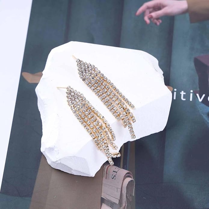 Vintage Rhinestone Chandelier Tassel Earrings Crystal