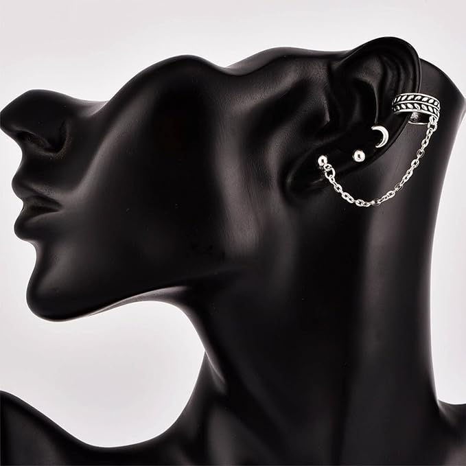 Bohemia Moon Cuff Chain Earrings Silver