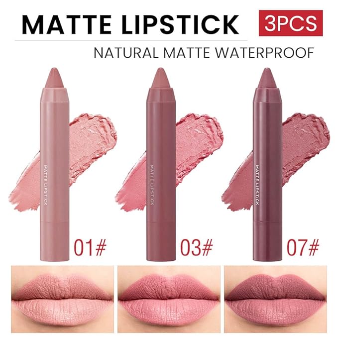 3 Colors Matt Nude Lipstick Lipliner Lip Crayons Pack Set,Velvet Moisture Smooth Matte Lipstick Pencils,Waterproof&Waterlasting,#01#03#07