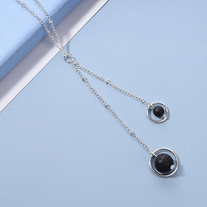 Boho Lava Stone Necklace Chain Silver