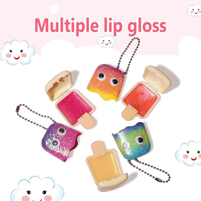 MAKE YOU UP 8Pcs Lip Glosses Care Set with Suitcase, Glitter Popsicle Shape Fruity Flavors Lip Glosses Lipsticks in Realistic Suitcase Toy for Kids Makeup Ages 5+, Non Toxic & Kids Friendly