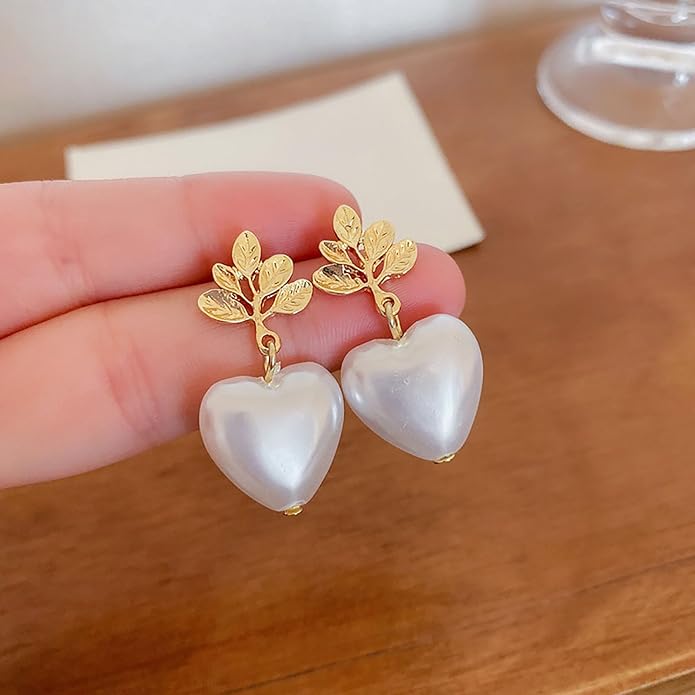 Vintage Pearl Heart Drop Earrings Gold