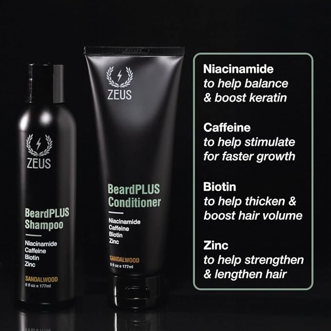 ZEUS BeardPlus Shampoo & Conditioner Beard Wash Set, Premium Beard Wash for Enhanced Growth, Thicker & Stronger Facial Hair with Biotin & Caffeine (Made in USA)