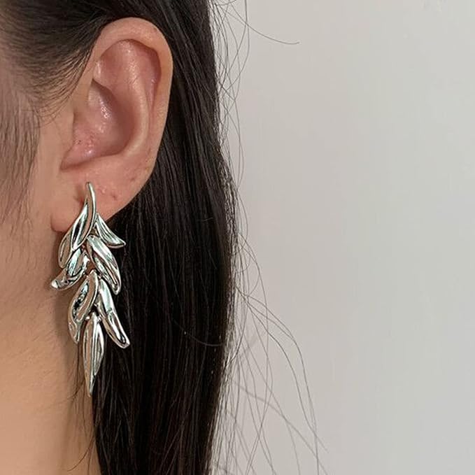 Statement Leaf Dangle Drop Earrings Vintage Silver Leaf