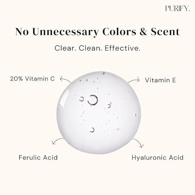 Purify 20% Vitamin C Serum - with Vitamin E & Ferulic Acid - Anti Aging - Brightening Face Serum - Pure Vit C for Dark Spots Correcting, Uneven Skin Tone, Wrinkles, Glow - 1 fl oz.