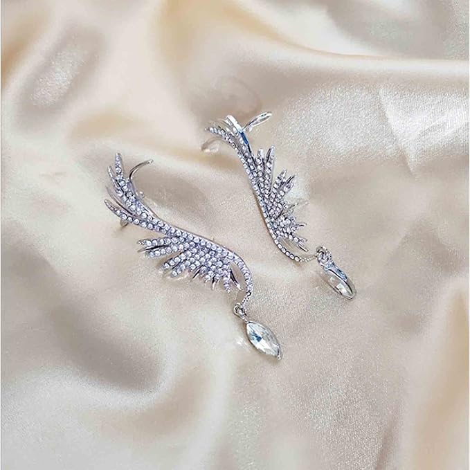 Boho Crystal Angel Wing Earrings Silver Rhinestone Wing