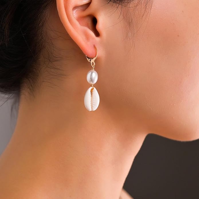 Boho Shell Drop Earrings Vintage Gold