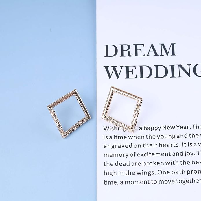 Vintage Hammered Square Drop Earrings Gold Hollow Square