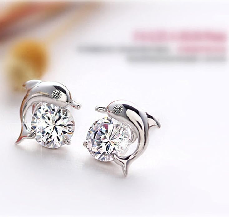 Silver Dolphin CZ Earrings Cute Animal