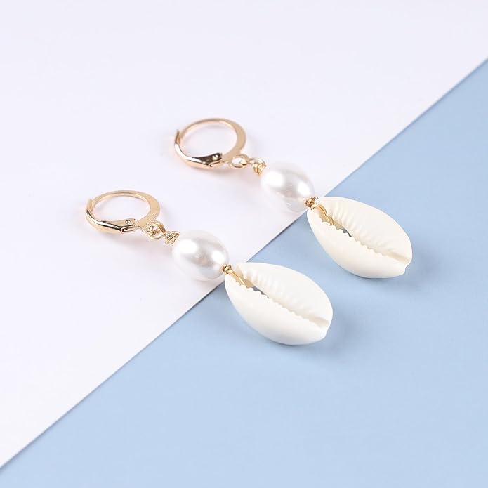 Boho Shell Drop Earrings Vintage Gold